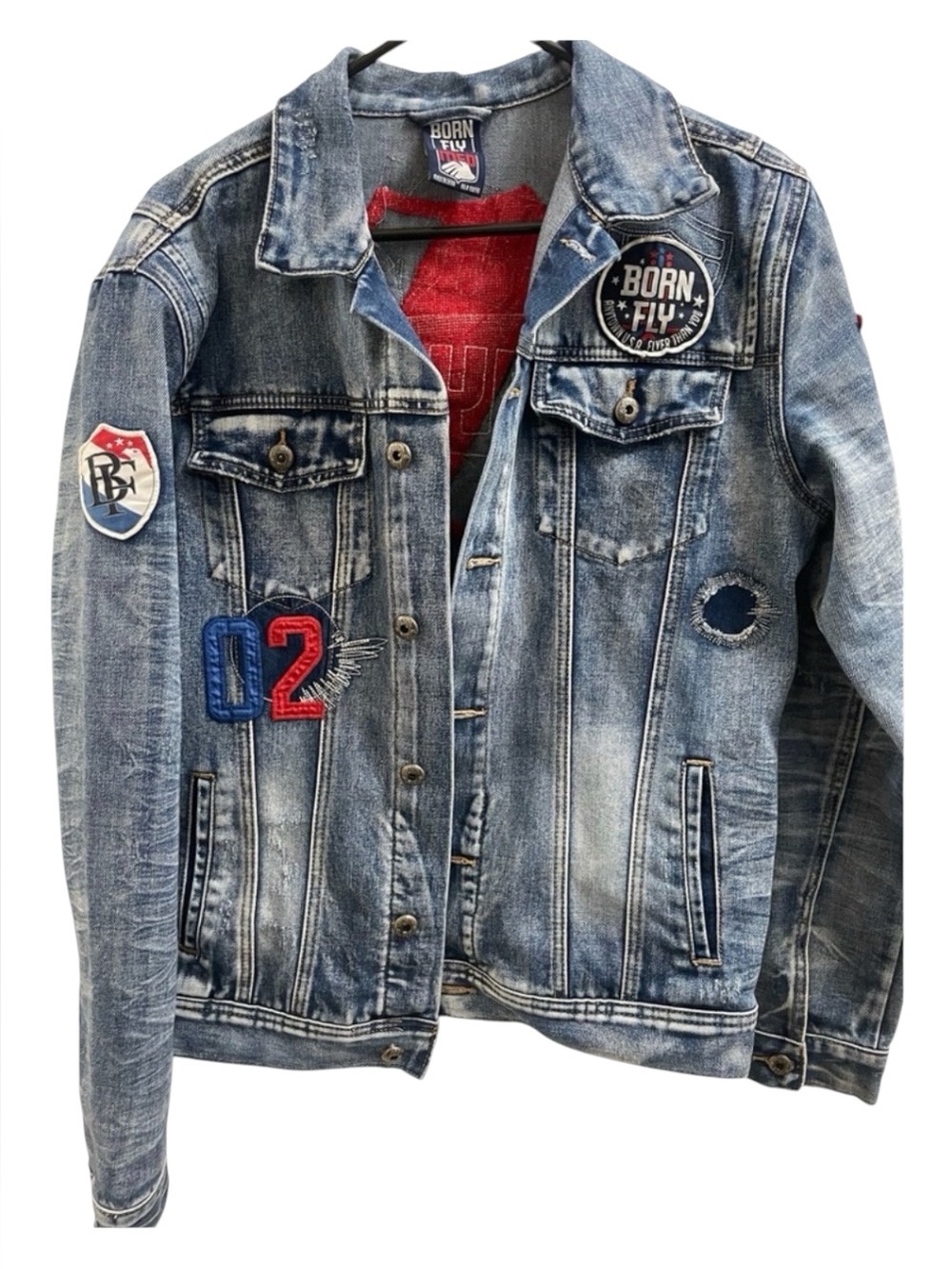 Born Fly Men's Streetwear Patched and Distressed Denim Jacket Size Medium